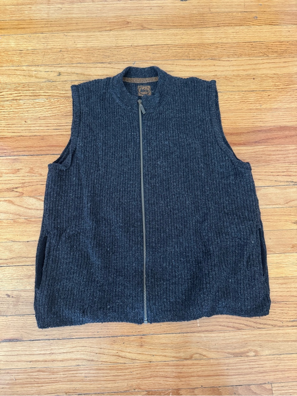 REI dark gray merino wool zip-up sweater vest